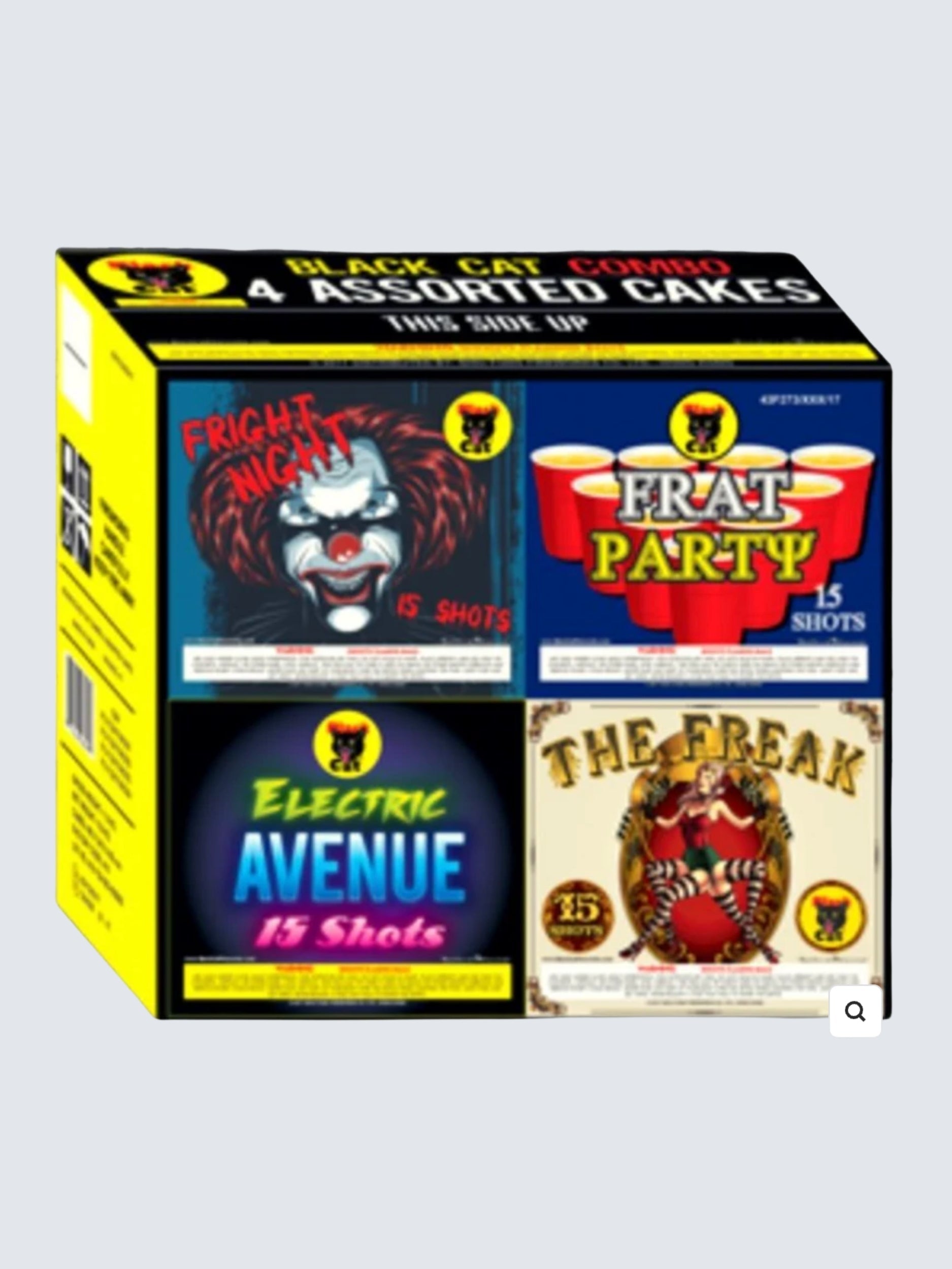BC Combo Cakes | 60 Shot Box Kit™ - The Freak - Fright Night - Frat Party - Electric Avenue by Black Cat Fireworks -Shop Online for Large Cake at Elite Fireworks!