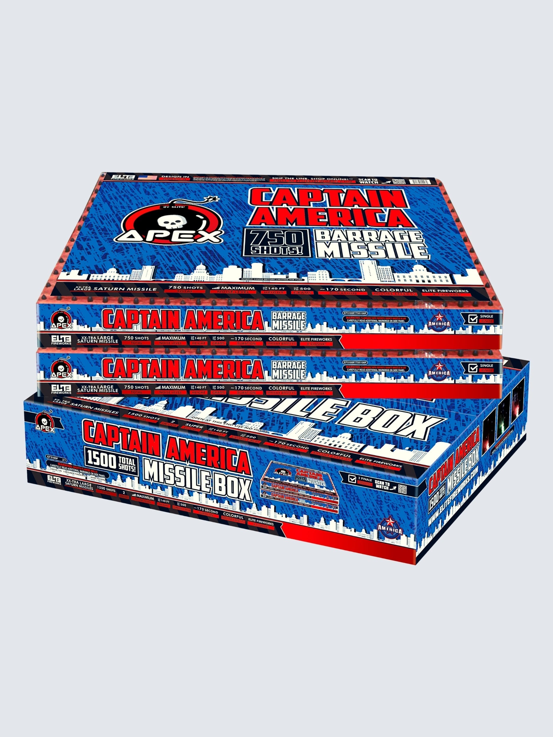 Captain America Barrage Missile™ | 750 Shot Saturn Missile by Apex by Elite!™ -Shop Online for X-tra Large Missile Base™ at Elite Fireworks!