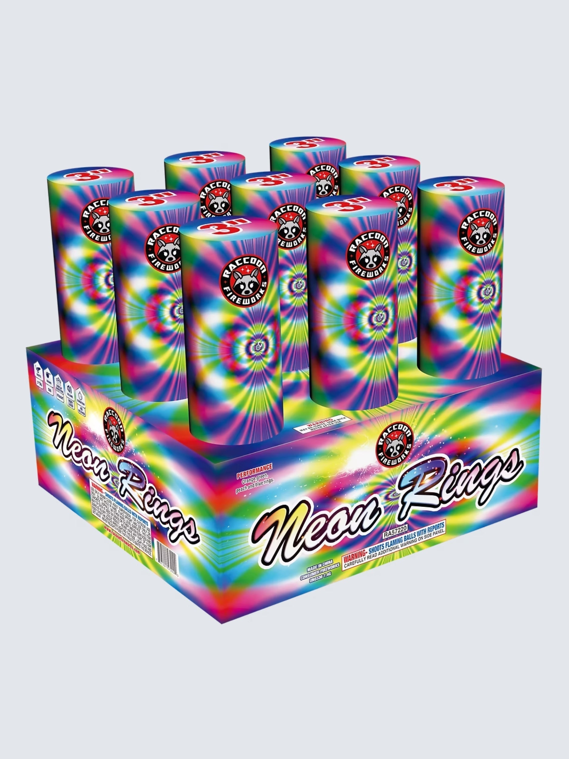 Neon Rings | 9 Shot Aerial Repeater by Raccoon Fireworks -Shop Online for NOAB Cake at Elite Fireworks!