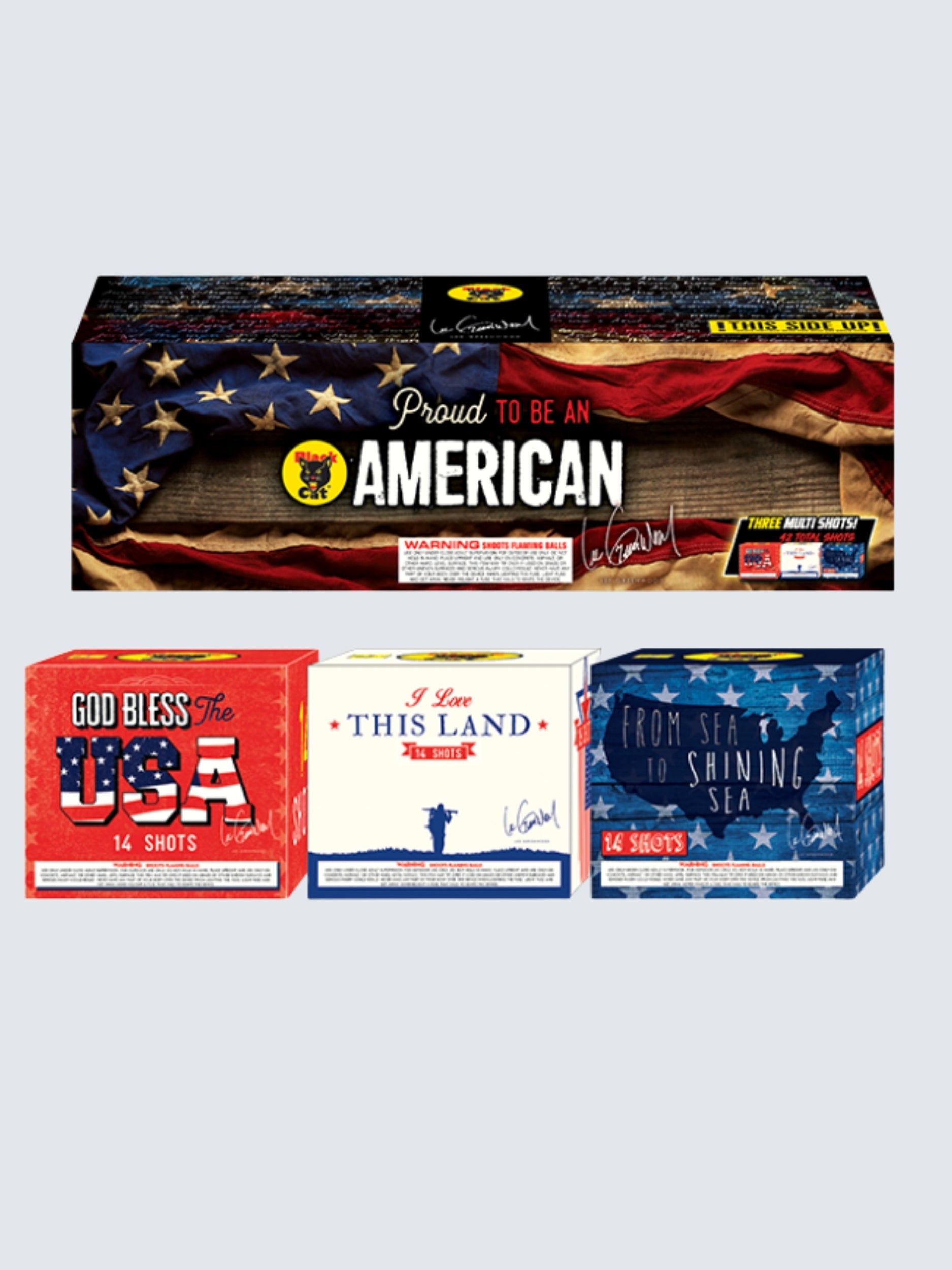 Proud To Be An American | 42 Shot Box Kit™ - God Bless The USA - I Love This Land - From Sea To Shinning Sea by Black Cat Fireworks -Shop Online for Large Cake at Elite Fireworks!